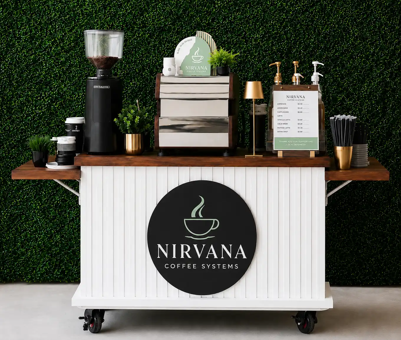 Custom white mobile coffee cart by Nirvana Coffee Systems